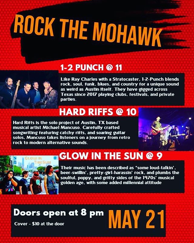Mark your 📆 we&rsquo;re at @mohawkaustin on Monday May 21 with @glowinthesun and @12punchband 🎸
🥁
🎤
#rock #rocknroll #austin #atx #austinmusic #atxmusic #atxrock #livemusic #rockthemohawk #defendredriver