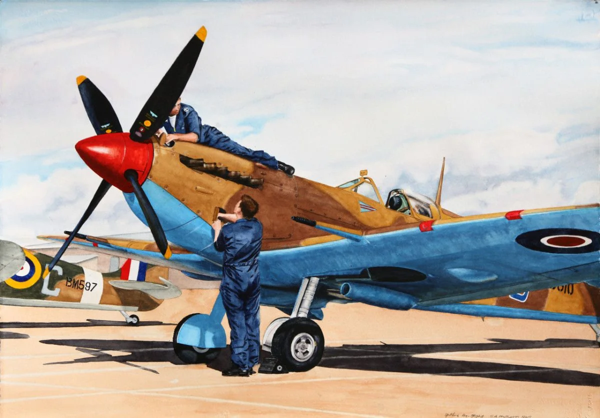 Gordon Phillipson. Spitfire Pre-Flight, Watercolor.22 x 30 in. $2,200.