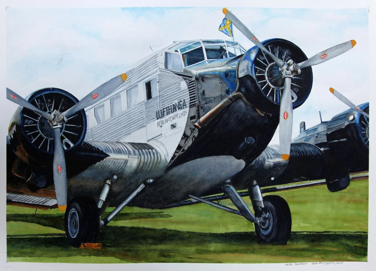 Gordon Phillipson. JU53 Duxford , 2017. Watercolor, 22 x 30 in. $2,200.
