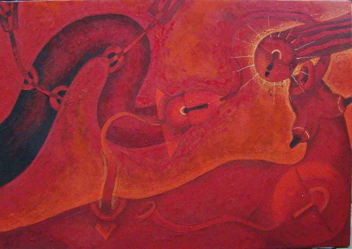 Rolando Rojas. La Conquista , Marble Dust and Oil on Canvas, 40 x 50 in.