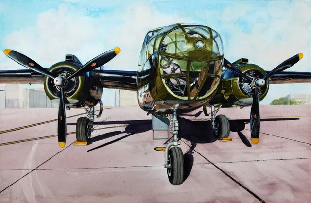 Gordon Philipson, B25 Doolittle's Raiders - Special Delivery , 2017, Watercolor. 22 X 30 in. $2,200.00 From a photograph taken in 2010 At Ellington Field, Houston.