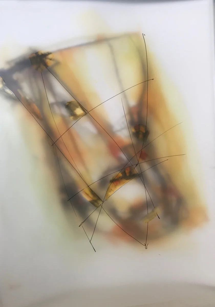 Valentina Atkinson, “Gold 101, Diaphanous Series, Watercolor/Overlapping Film. 20 x 14 in., SOLD