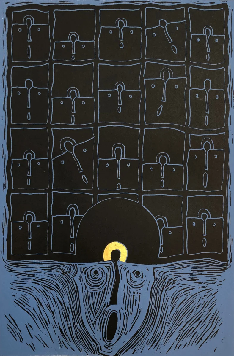 Rolando Rojas, El Pensador , 2018. Woodcut, 23.81 x 15.75 in.