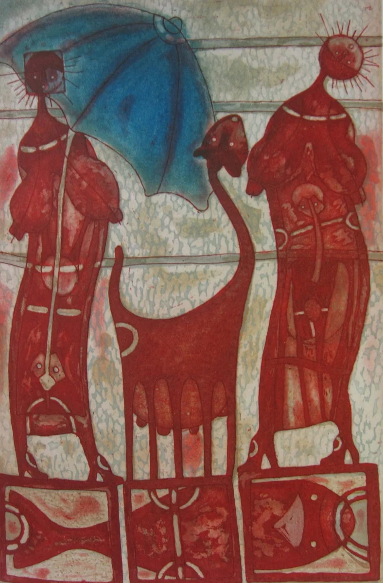Rolando Rojas, Mujeres con Sombrilla , 2018. Metal Engraving. 21.5 x 15.75 in