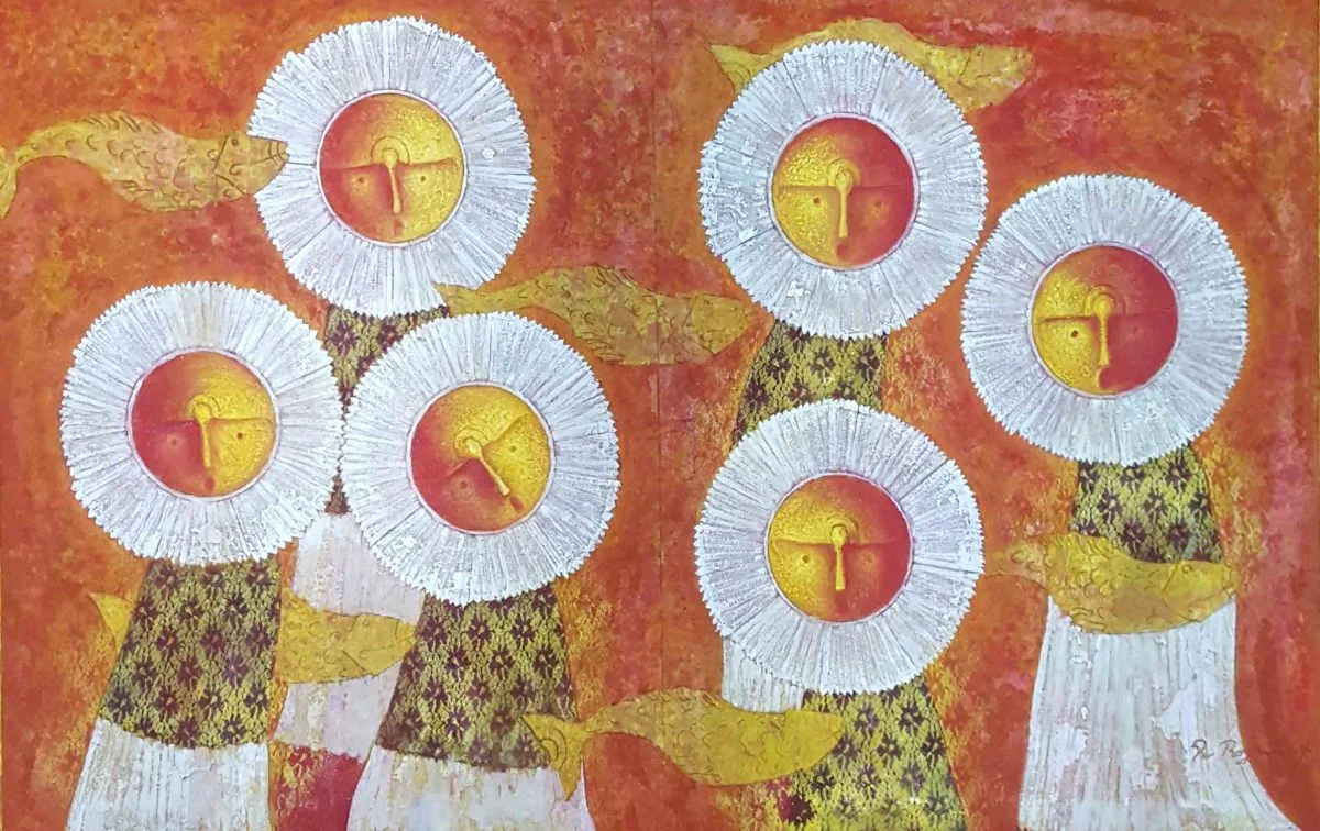 Rolando Rojas, Mujeres de Mar , Marble Dust and Oil on Canvas, 39.3 x 63 IN.