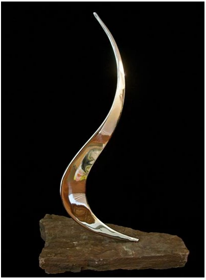  Ryan T. Schmidt,  Small Flame , Polished Stainless Steel Sculpture, Natural Stone. 