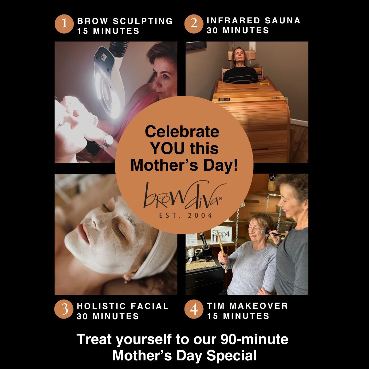 Treat yourself to our Mother's Day Special!
Only $125 ($150 Value)
You'll also receive a FREE gift! Our exclusive TIM Lip Stain.

In just 90 minutes, indulge in four luxurious Brow Diva services. 
Who can't spare a little time for that?

Schedule you