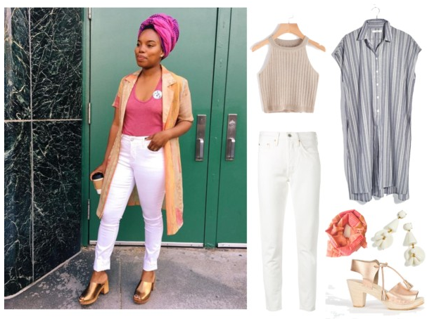 1. Halter , or this one 2. Long tunic 3. White jeans 4. Scarf 5. Earrings 6. $$Clogs , or these