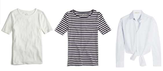 3 tops: 1. My favorite white tshirt 2. Striped tshirt 3. Tie-front blouse