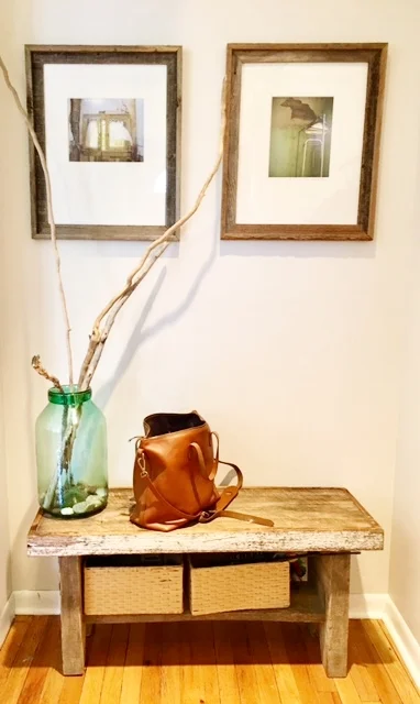 Bag , Antique bench from Shawano, WI (Kelsey vacations here), Branches and pebbles from Illinois Beach State Park.