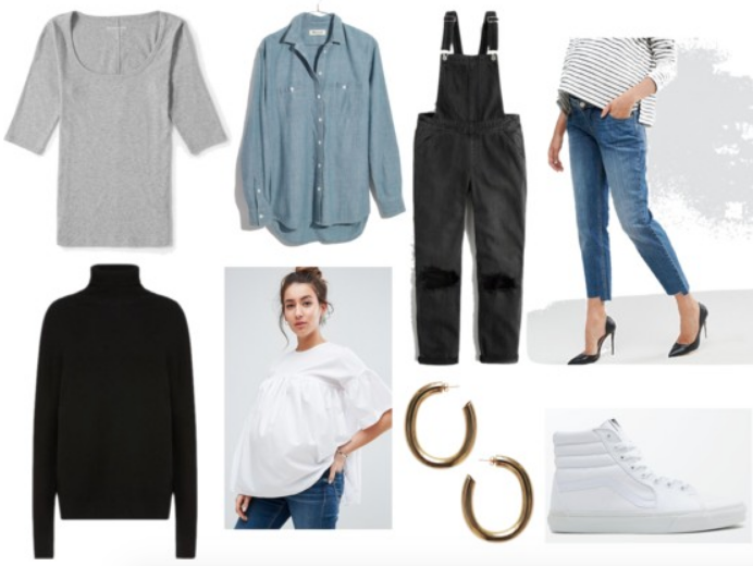 1. Gray ribbed sweater 2. Chambray shirt 3. Black turtleneck 4. Smock top 5. Washed black overalls 6. Boyfriend maternity jeans 7. Hoops . 8. White Vans