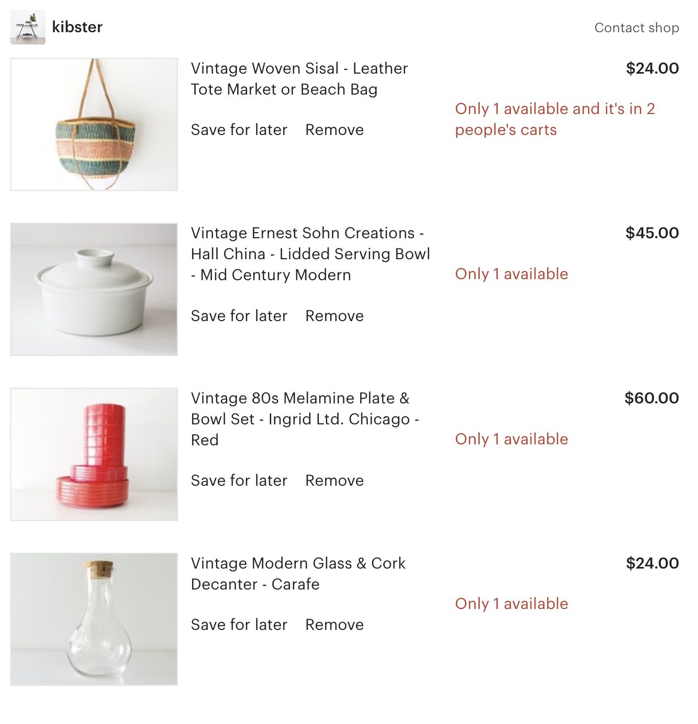 My current cart. (I’ll let you in on my new earth-saving, cool-hunting, penny-pinching tactic: before I buy something on Amazon, I check to see if I can get it here or one of my other fave Etsy shops. Recent reasons for a visit: broken decanter, not enough kid-friendly dishware, batch of cookies made and Saran Wrap over plate felt undignified. The purse is NOT a necessity but, I mean, it’s too good to pass up).