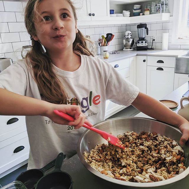 Hope sick from camp. Watching cooking shows in our PJs and making Nakitsa Davis's amazing granola. It is seriously so much better than we had even imagined.