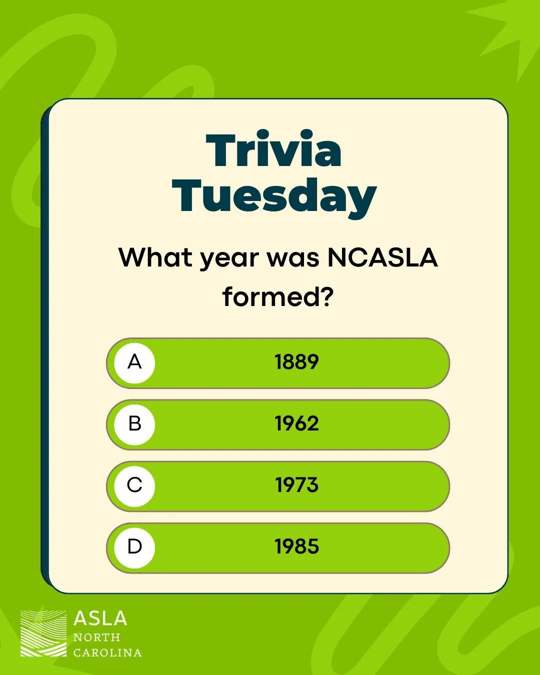 Let's have some fun with Trivia Tuesday! Think you know the answer? Leave your guesses in the replies!

What year was NCASLA formed?

A. 1889
B. 1962
C. 1973
D. 1985