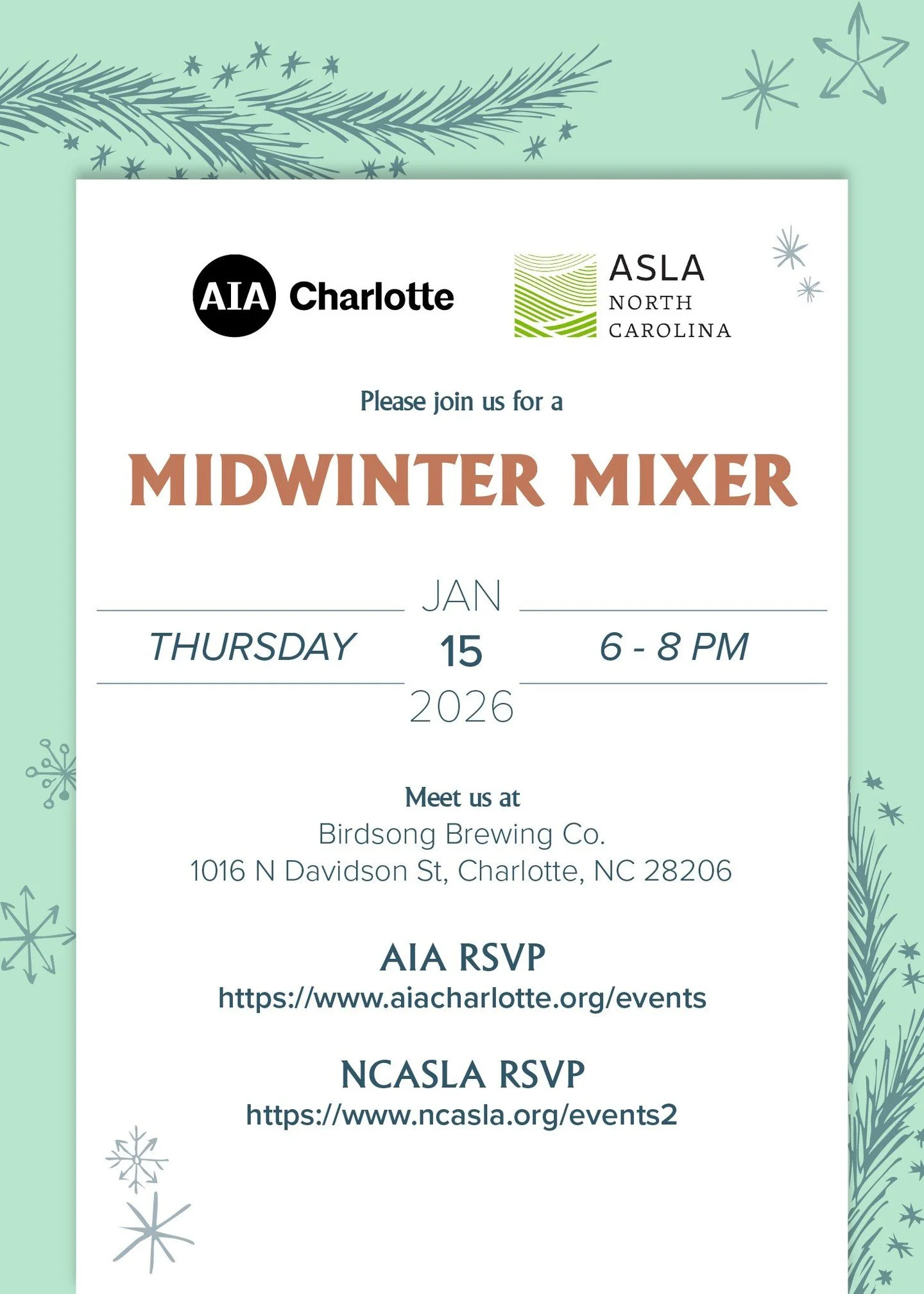 CHARLOTTE! 📣

Join fellow designers at Birdsong Brewing Co. as we celebrate 2026 at our Midwinter Mixer on Thursday, January 15th!

RSVP on the NCASLA website - link in bio🔗