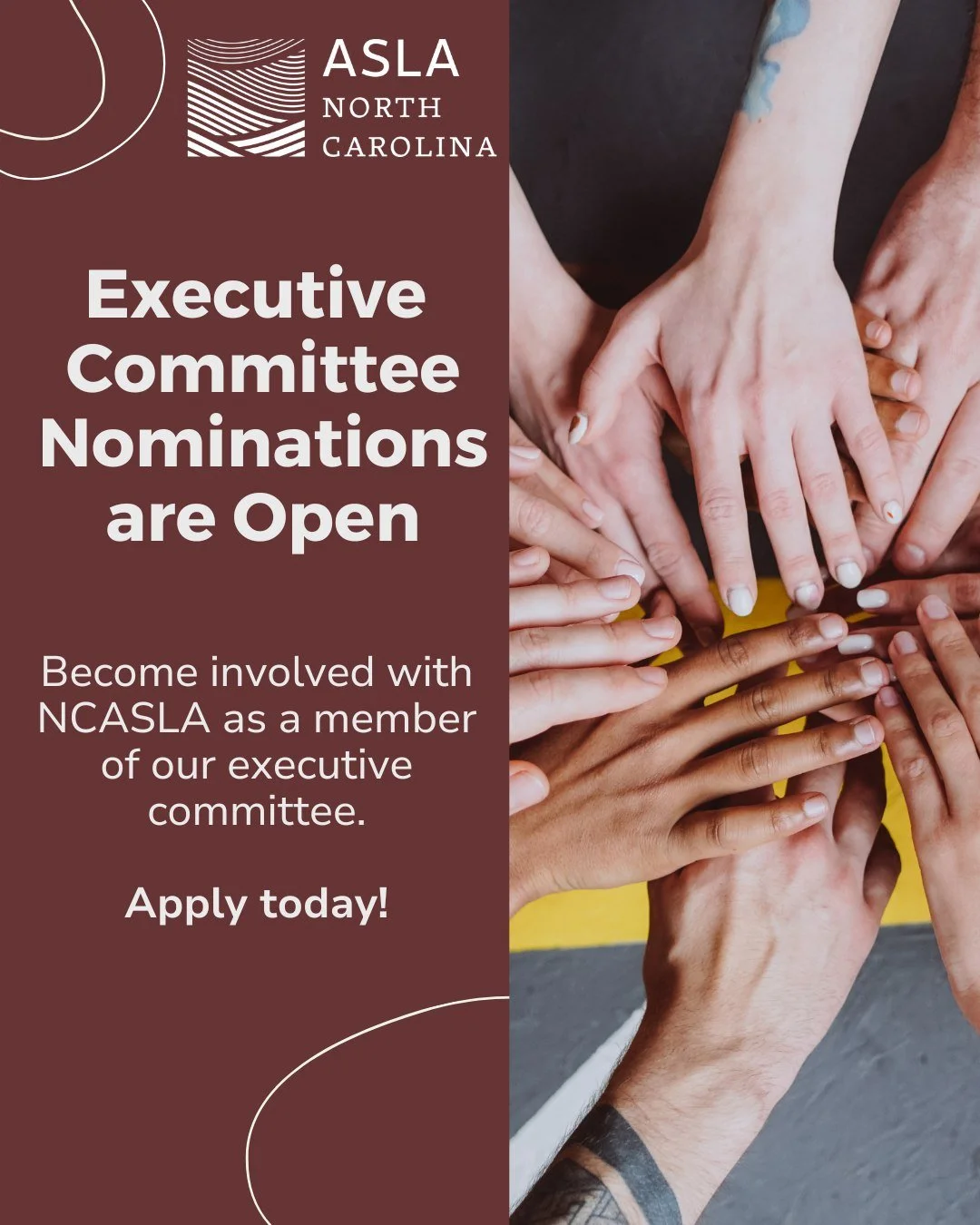 Want to become more involved with NCASLA? Executive Committee nominations are open!

We are looking for people to apply for a variety of positions, including the Charlotte Section Chair, Communications, and Treasurer. This is a great opportunity to m