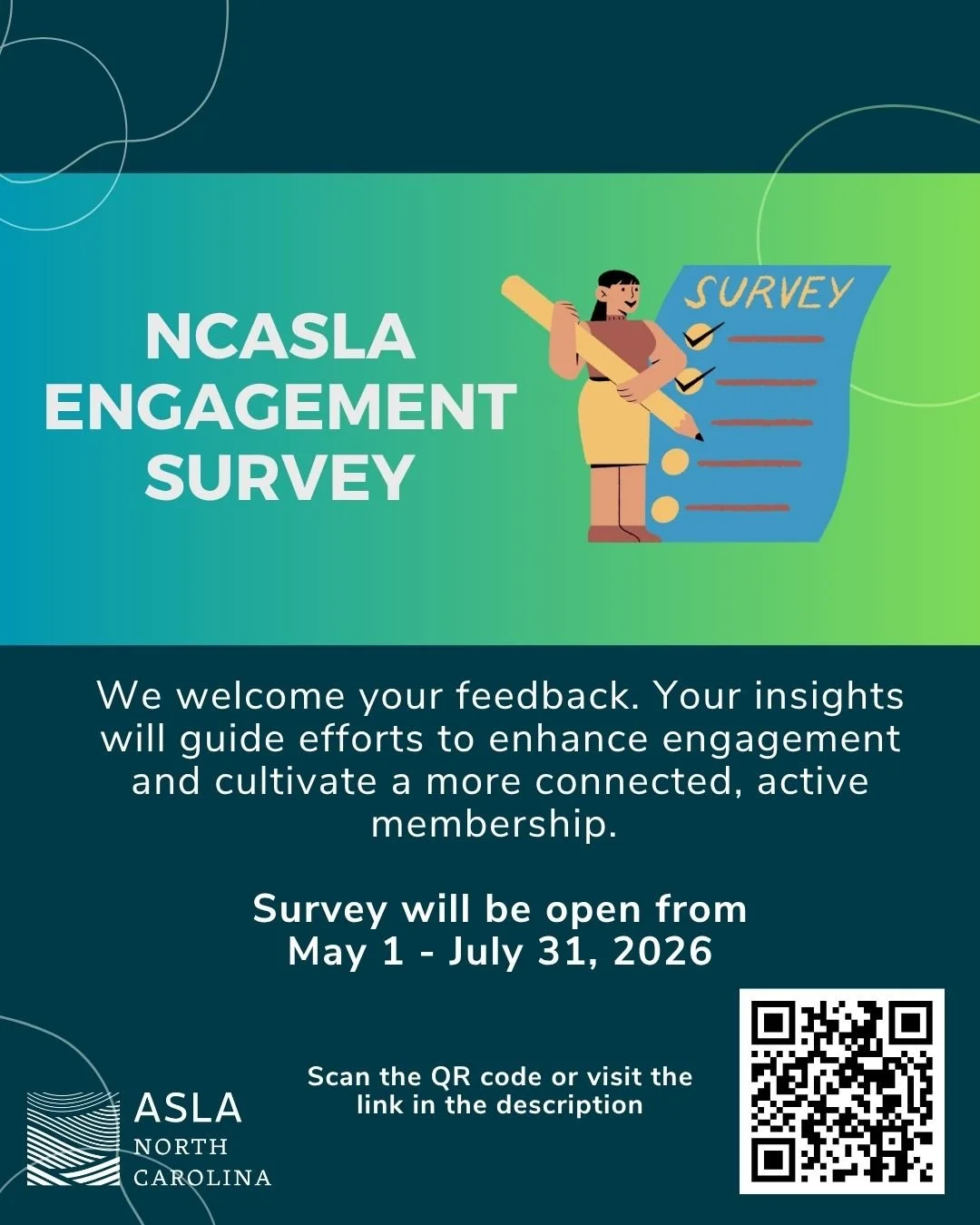 We value your input! Please help us understand your experiences and engagement as a current or prospective member of NCASLA. 

Your responses will guide improvements and initiatives to enhance member participation, sense of belonging, motivation, and