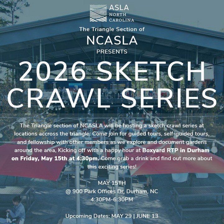 Join the NCASLA Triangle Section as they kick off the 2026 Triangle Sketch crawl series with a happy-hour at Boxyard RTP.  Come hang out between 4:30-6:30 and find out more about this series in a chill outdoor environment!
Drinks are available but ar