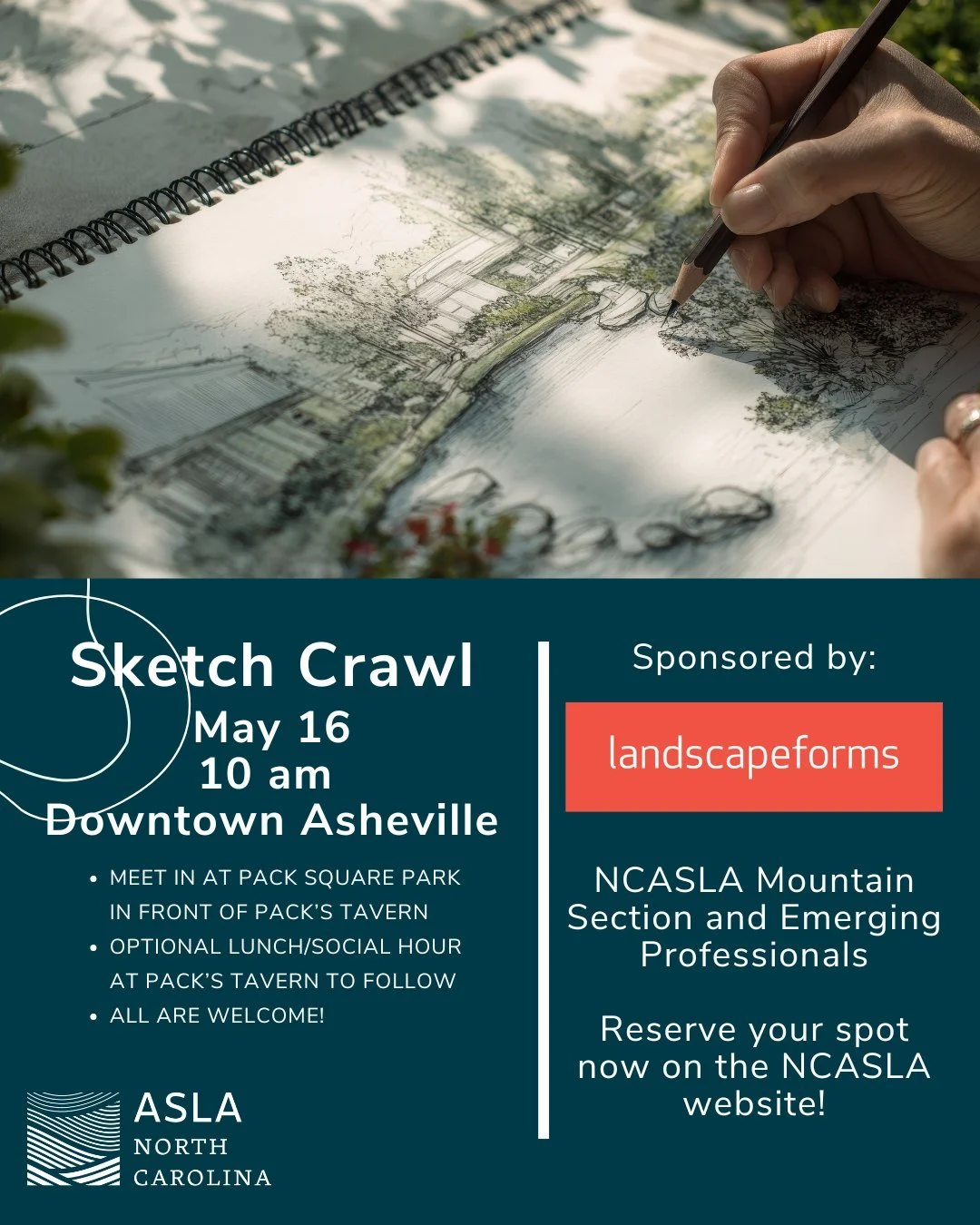 📣Don't miss us this Saturday, May 16th, as the NCASLA Mountain Section and  NCASLA Emerging Professionals host a sketch crawl through the heart of Downtown Asheville, NC.

Meet us out front of Pack's Tavern (20 S. Spruce Street) at 10:00 AM, where w