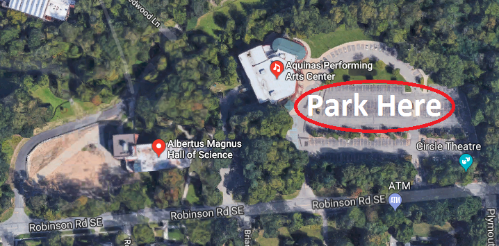 Parking available just east of Albertus Hall at the Performing Arts Center Parking Lot.
