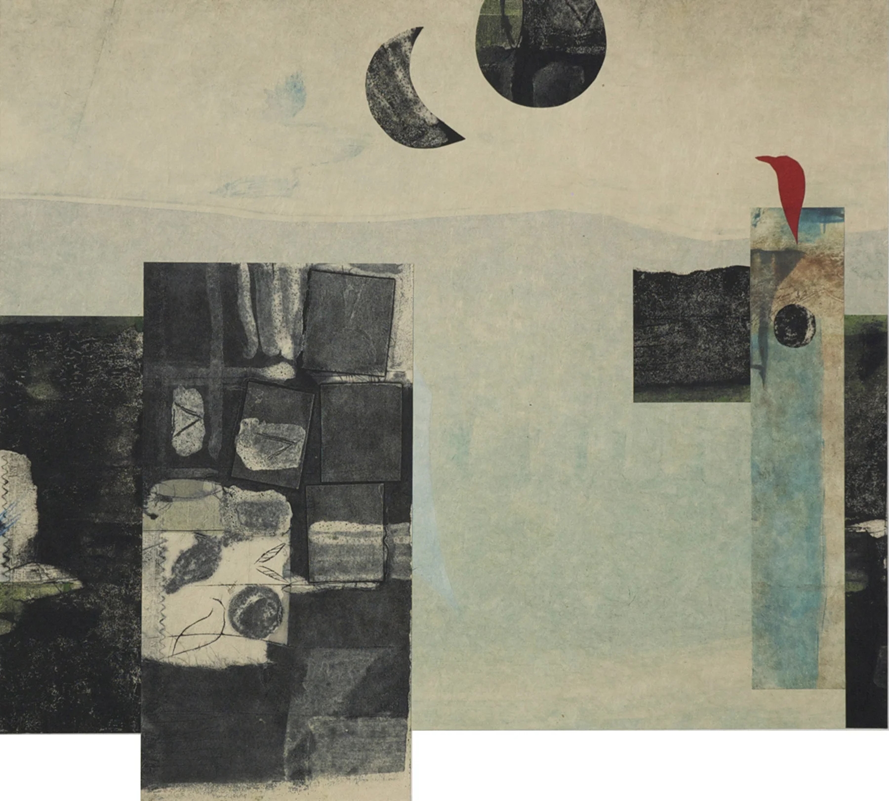 Black Moon, Black Sun, collagraph, collage, 2014