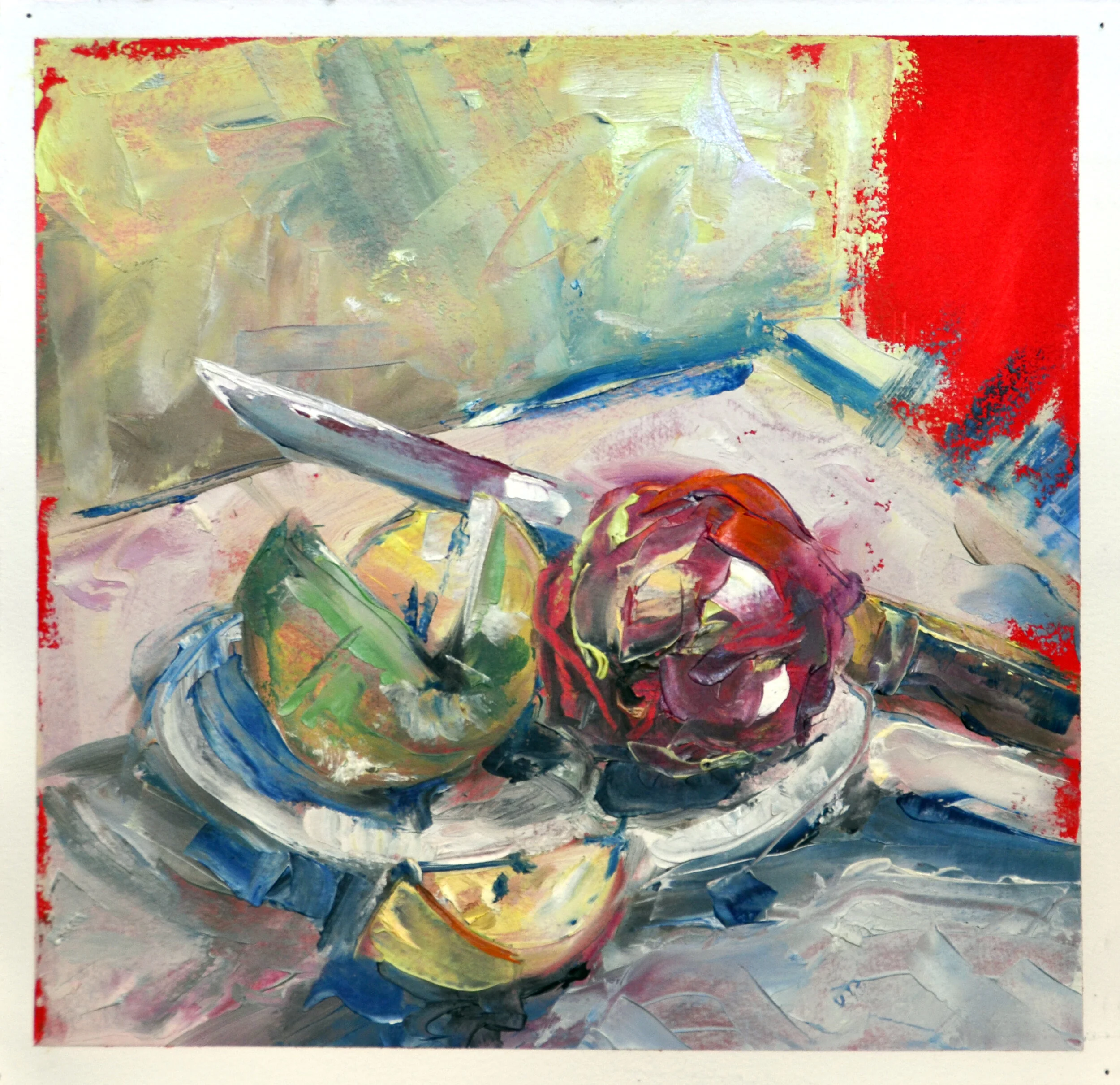 Still life with apple and dragonfruit