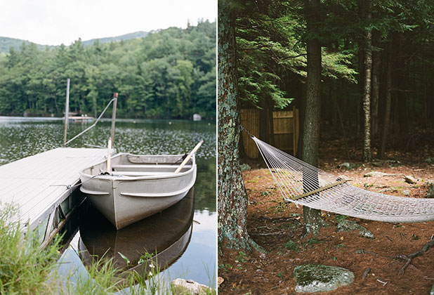 A canoe floating in a lake and a hammock blowing in the wind, in New Hampshire.