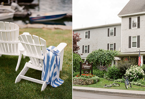 Photos of Nonantum Resort, beach chairs with a towel thrown over it, as well as the front door of the resort.