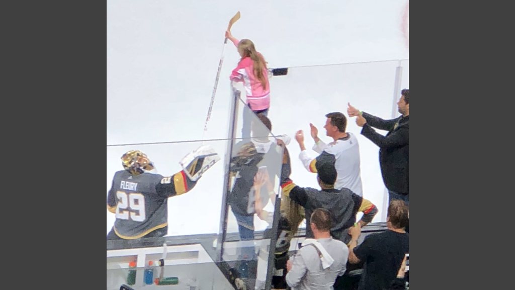 The only thing Vegas Golden Knights goaltender Marc-Andre Fleury gave up all night. A young girl got the hockey stick Fleury used to blank the San Jose Sharks, 7-0, in the opener of the playoffs' second round.