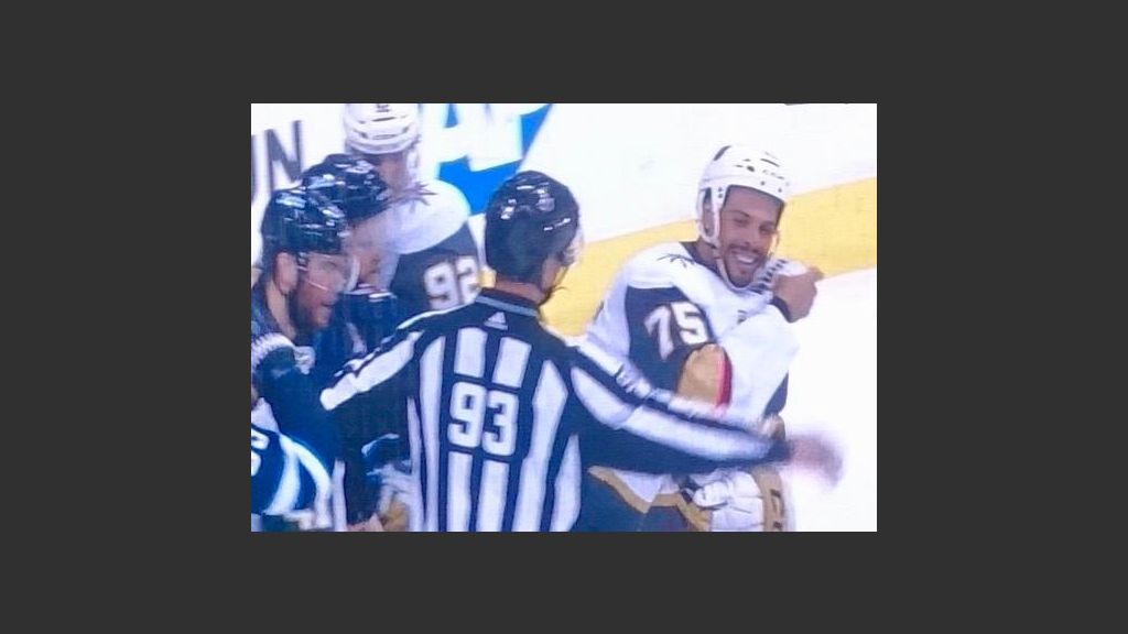  THE GOLDEN KNIGHTS' BRUISER, RYAN REAVES, CLEARLY RELISHED MIXING IT UP WITH THE WINNIPEG JETS ON MONDAY. Photo from NBC Screen Grab 