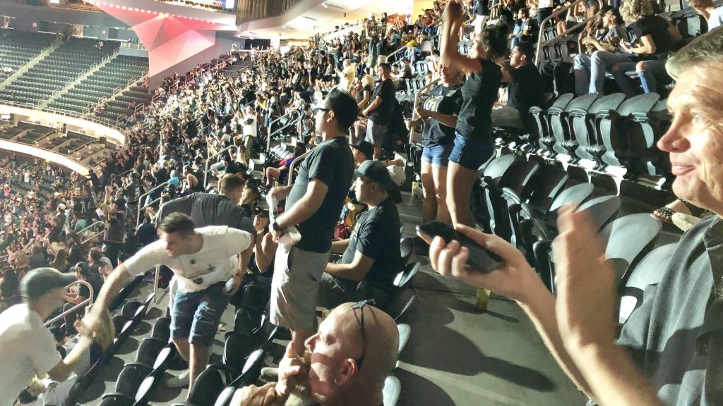 GOLDEN KNIGHTS FANS CELEBRATING ONE OF THEIR TWO GOALS IN A 6-2 GAME 4 ROUT. Photo: Norm Clarke