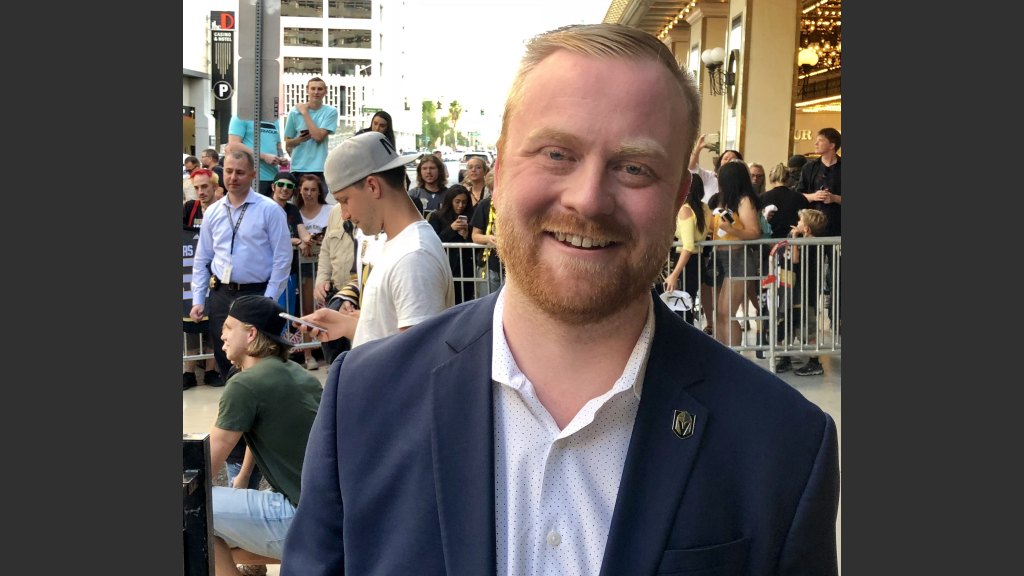 SAGE SAMMONS, DIRECTOR OF COMMUNICATIONS FOR THE VEGAS GOLDEN KNIGHTS, AT THE FAN APPRECIATION EVENT. IT’S BEEN A EXTRAORDINARY YEAR FOR SAMMONS. HE GREW UP ON A FARM IN CUT BANK, MONTANA, MY HOMESTATE. Photo: Norm Clarke