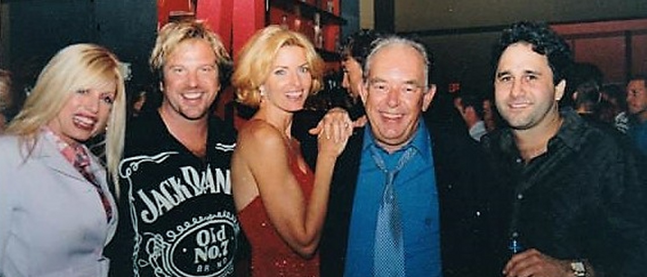 The Sept. 10, 2001 birthday celebration of Leach and Boychuck at V Bar in The Venetian. From left: Karen Boychuck, Michael Boychuck, actress Joan Severance, Leach and Palms owner George Maloof.