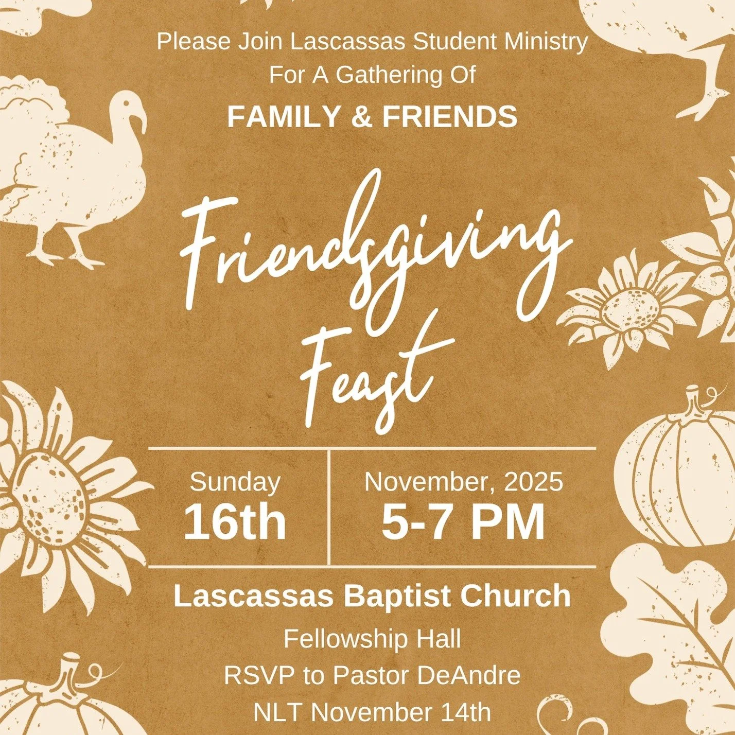 Can&rsquo;t wait to gather for our Friendsgiving Feast! Join us for food, fellowship, and fun. Bring a friend and come hungry!