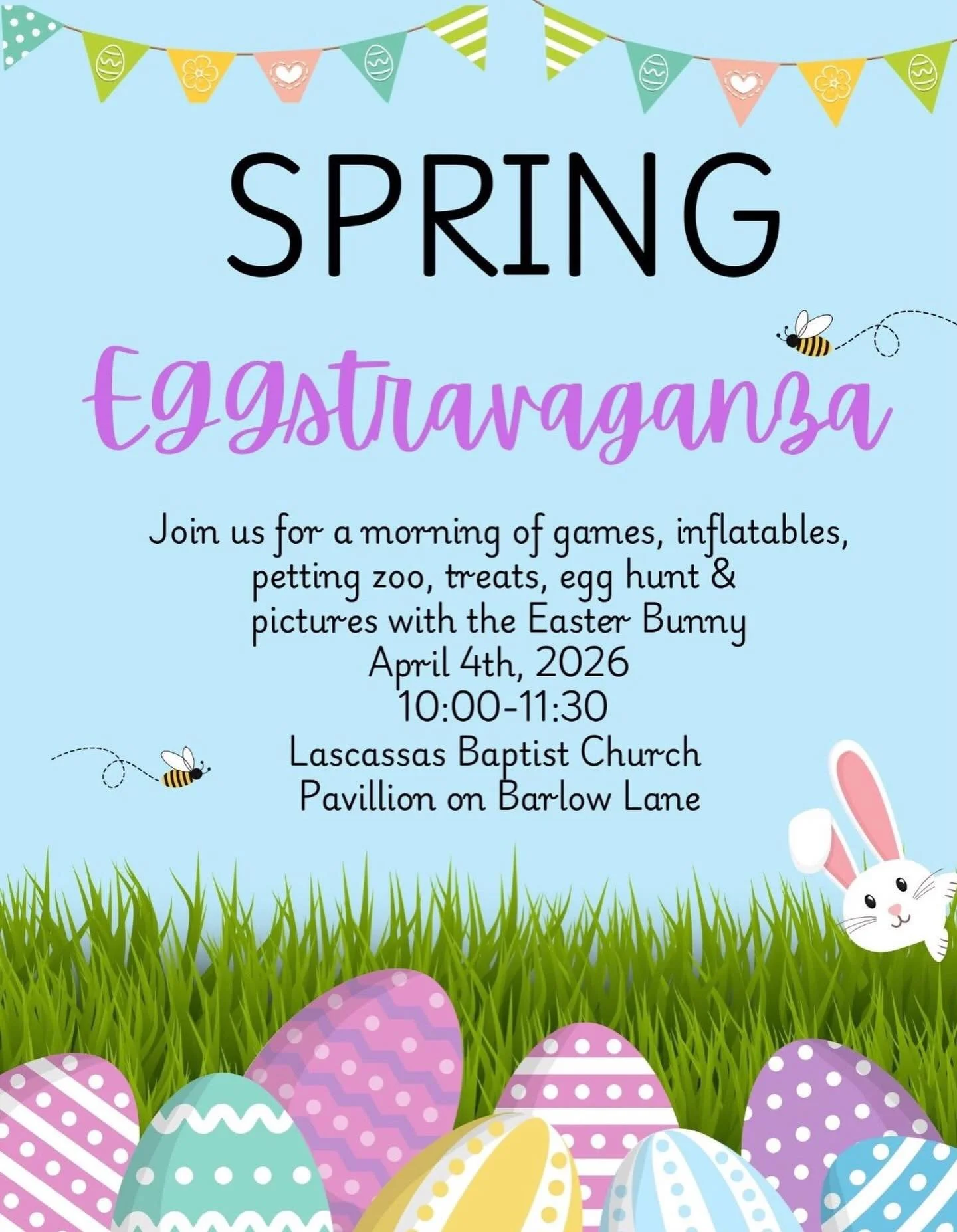Join us for our annual Spring Eggstravaganza!! April 4th at 10:00 at the pavilion on Barlow Lane.