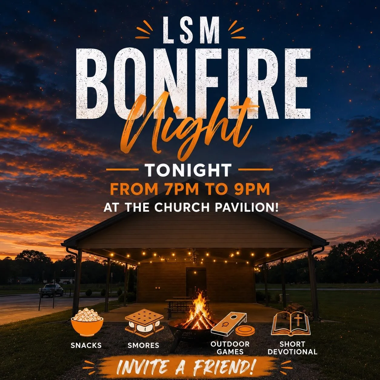 🔥 LSM Bonfire Night is TONIGHT! 🔥

Come hang out with us from 7:00&ndash;9:00 PM at the church pavilion for a fun evening around the fire!