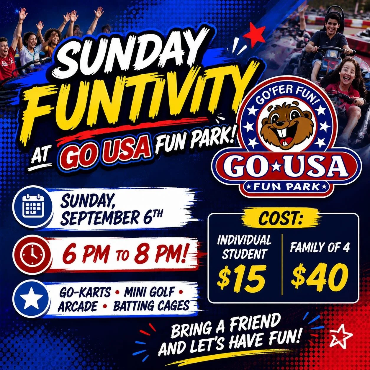 Join us this Sunday evening for our monthly LSM Funtivity! 🎉 This month, we&rsquo;re heading to GO USA Fun Park from 6&ndash;8 PM! Bring a friend and come ready for a fun night together! 🏎️🎮⛳⚾