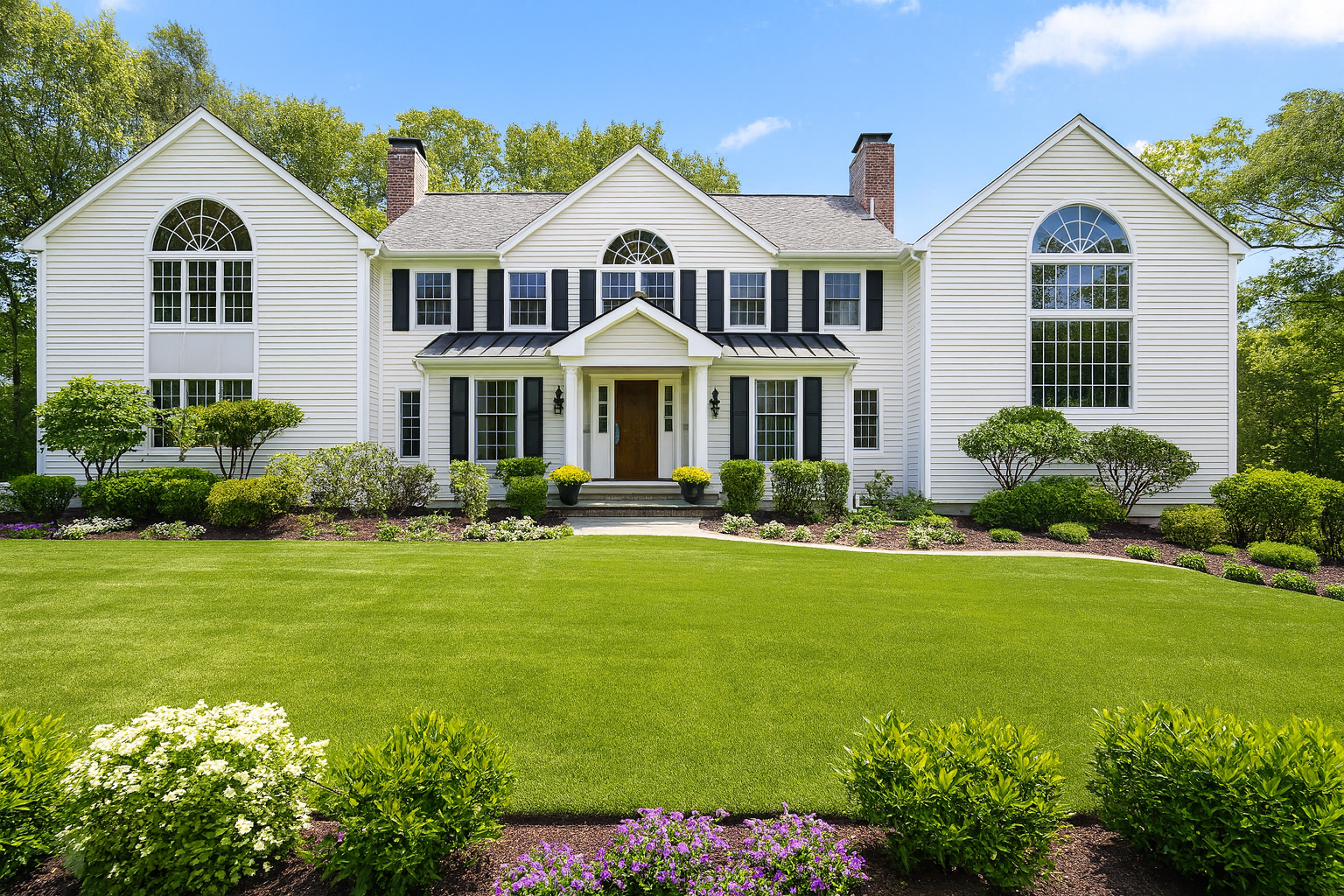 Front view of a large white house with black shutters, symmetrical windows, a small front porch with steps, and a well-manicured lawn with shrubs and flowers, under a blue sky.