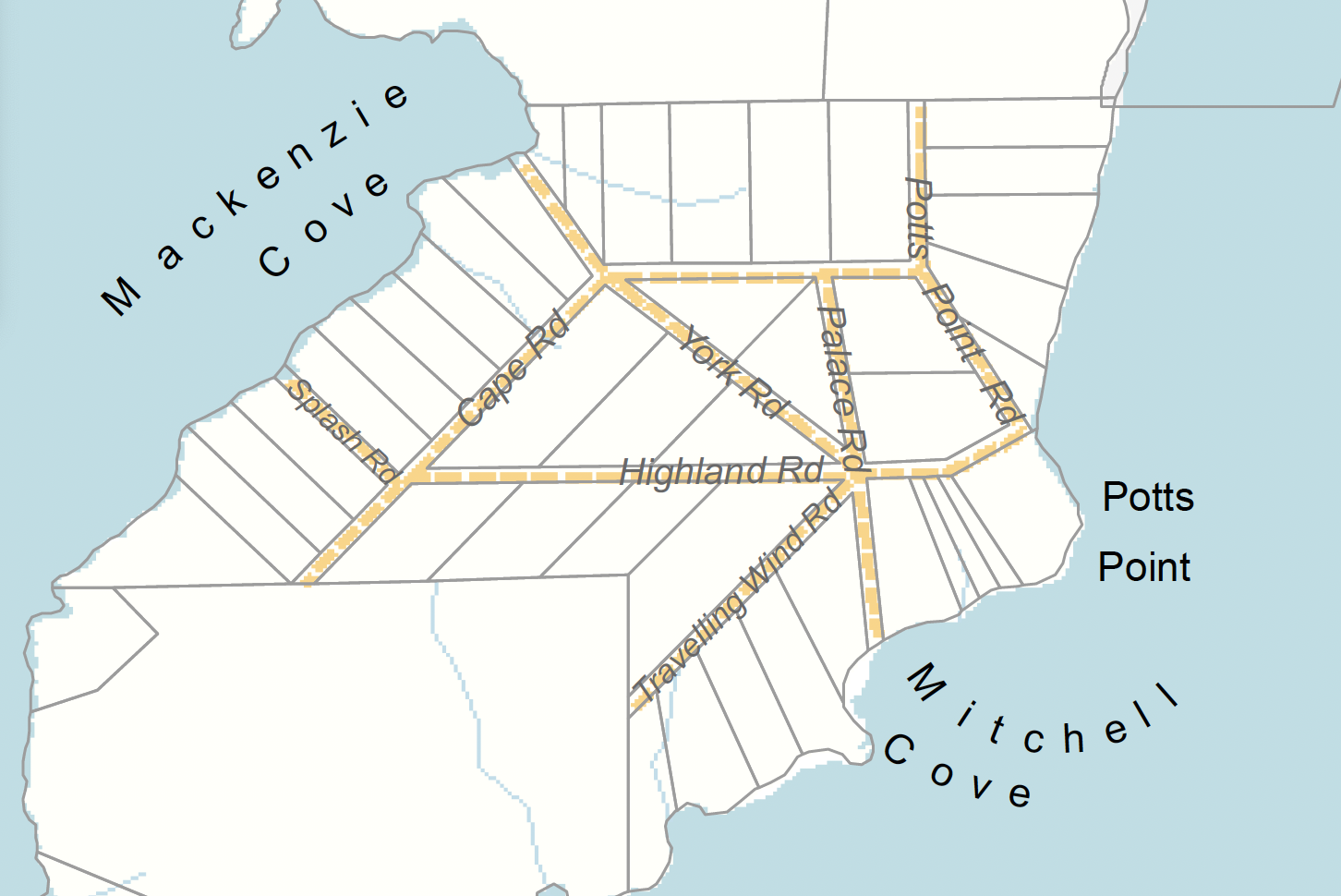 2018 Map from SCRD showing undeveloped roads and properties around Gambier Point, Daisy Bay, Mackenzie Cove, Mitchell Cove, and Potts Point