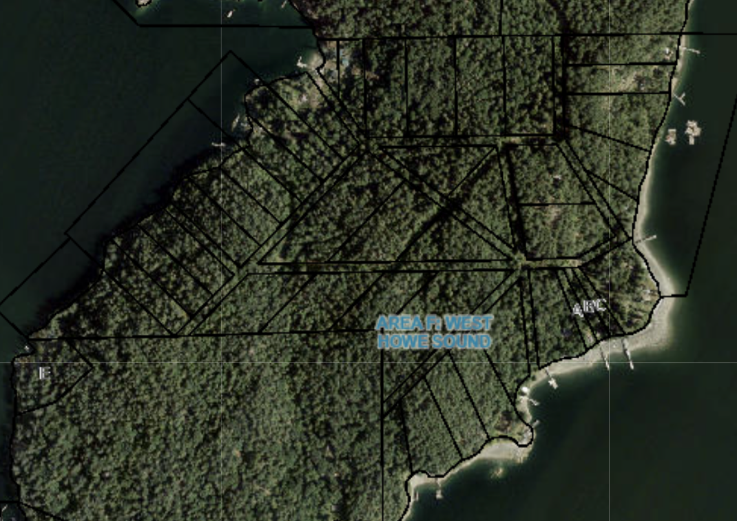 SCRD satellite image of Mackenzie Cove, Mitchell Cove, and Potts Point on Gambier Island