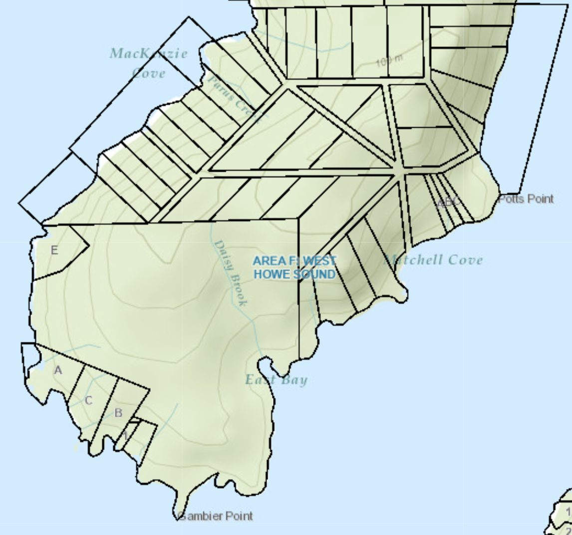 Map showing properties around Gambier Point, Daisy Bay, Mackenzie Cove, Mitchell Cove, and Potts Point on Gambier Island