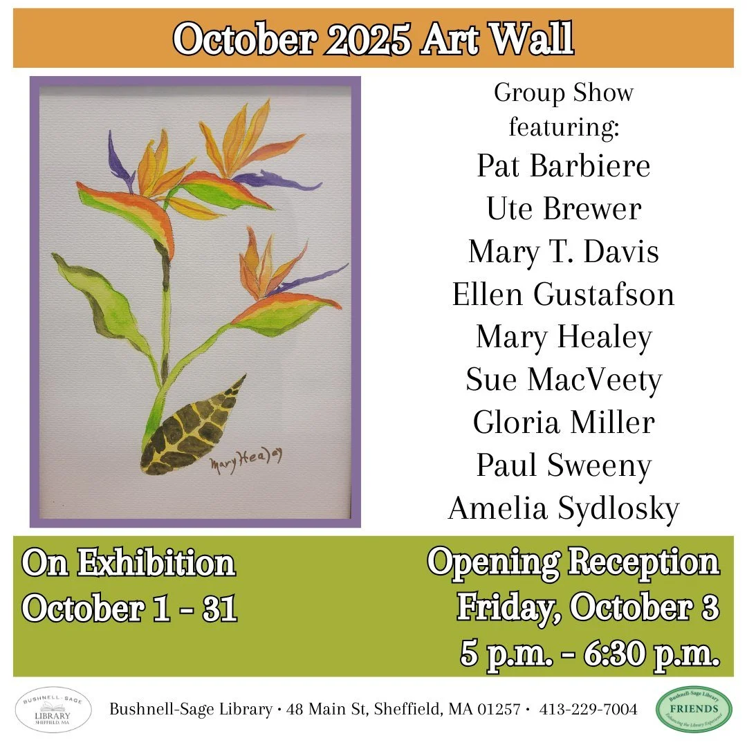 Bushnell-Sage Library in Sheffield is delighted to welcome a group show featuring local artists as our Art Wall exhibition for October. 

The exhibition will run from October 1 - 30. There will be an opening reception on Friday, October 3 from 5:00 -