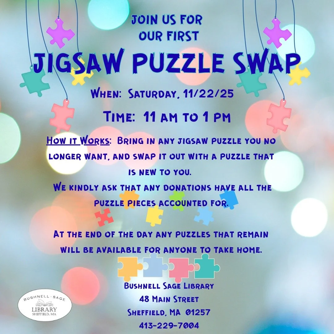 Join us on Saturday, November 22 from 11 a.m. - 1 p.m. for our first Jigsaw Puzzle Swap! 🧩🧩🧩

How it works: Bring in any jigsaw puzzle you no longer want, and swap it out with a puzzle that is new to you. We kindly ask that any donations have all 