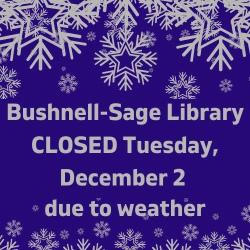 Bushnell-Sage Library will be CLOSED Tuesday, December 2 due to the storm. We plan to reopen on Wednesday, December 3 at 10 a.m.

Stay safe and warm! Don&rsquo;t forget about your virtual library from home with Libby, Hoopla, Kanopy, and more! Visit 