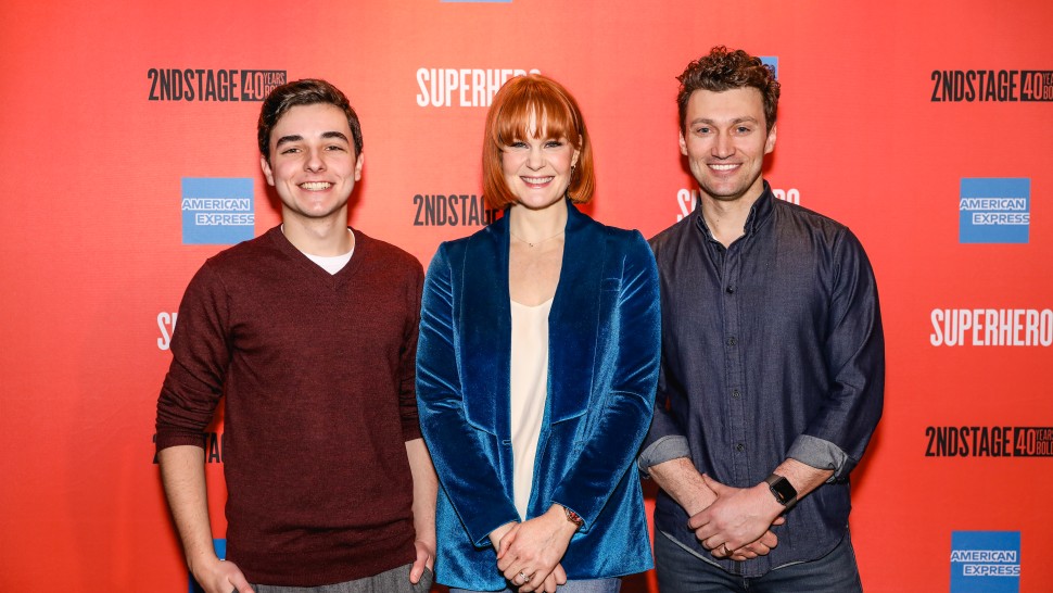 (From left) Kyle McArthur, Kate Baldwin and Bryce Pinkham star in Superhero.