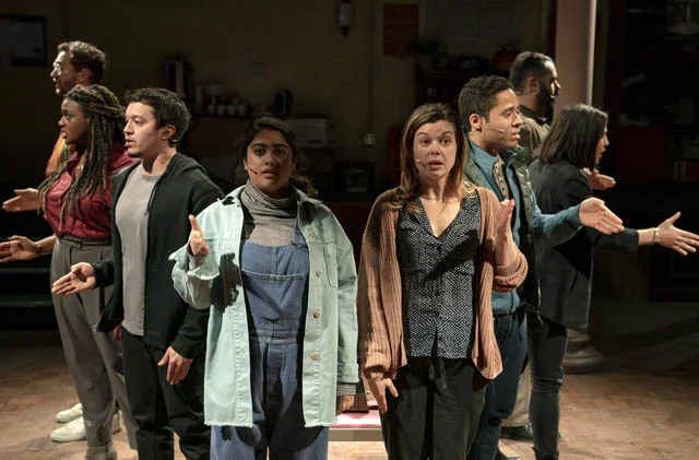 From left: Alex Gibson, Starr Busby, Justin Gregory Lopez, Kuhoo Verma, Margo Seibert, J.D. Mollison, Kim Blanck and Adam Bashian star in Octet . Courtesy of Joan Marcus.