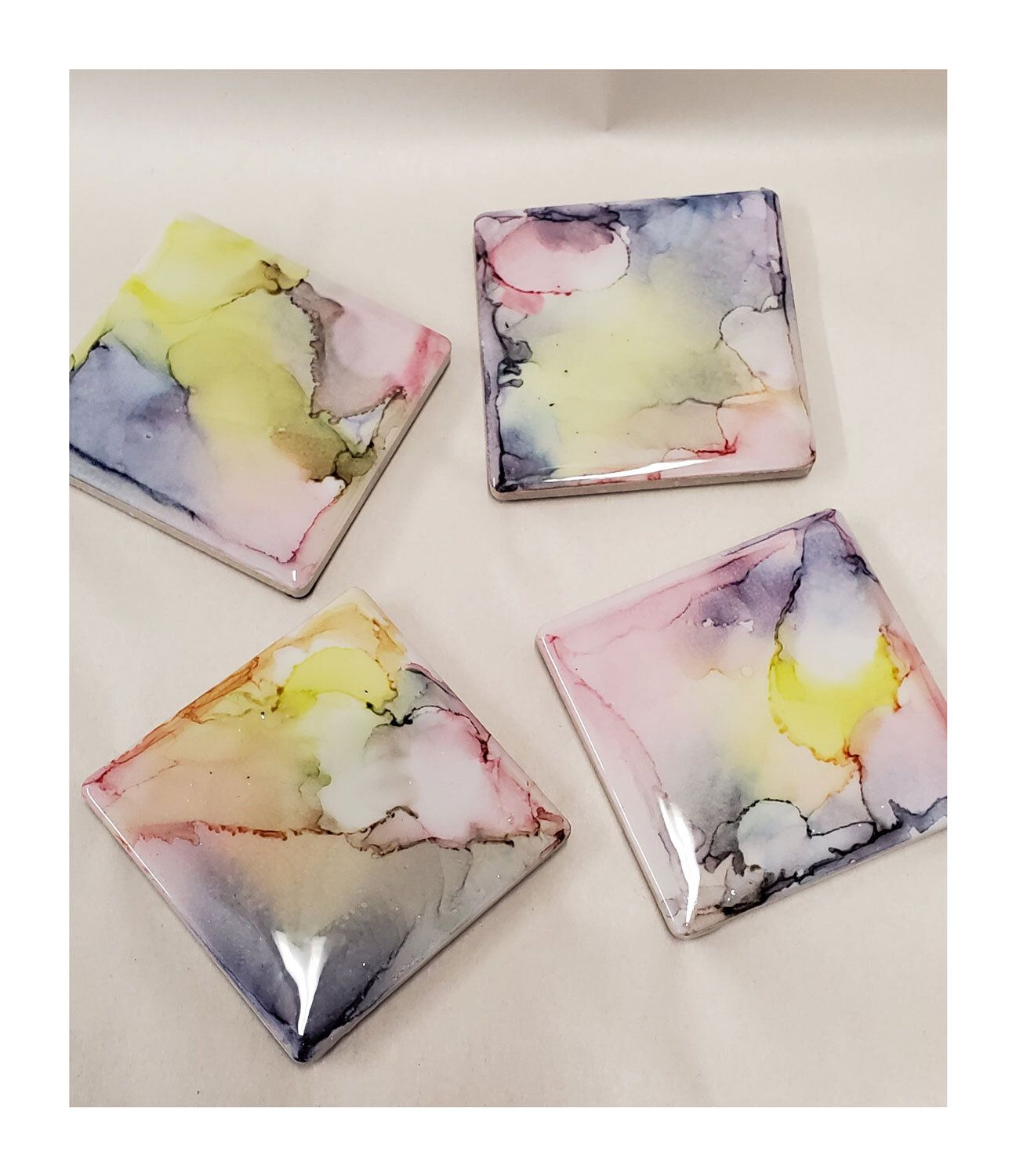 Handmade Tile Coasters gold and white Alcohol Ink Art Coasters Drink Coasters Pink Ceramic Coasters brown Gift for Home or Office