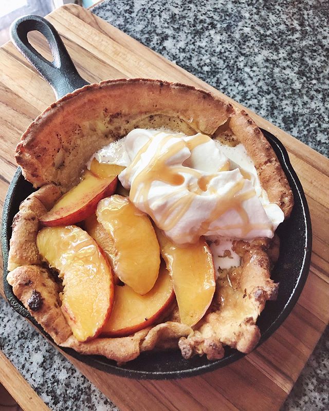 Caramel peach Dutch baby testing 🍑