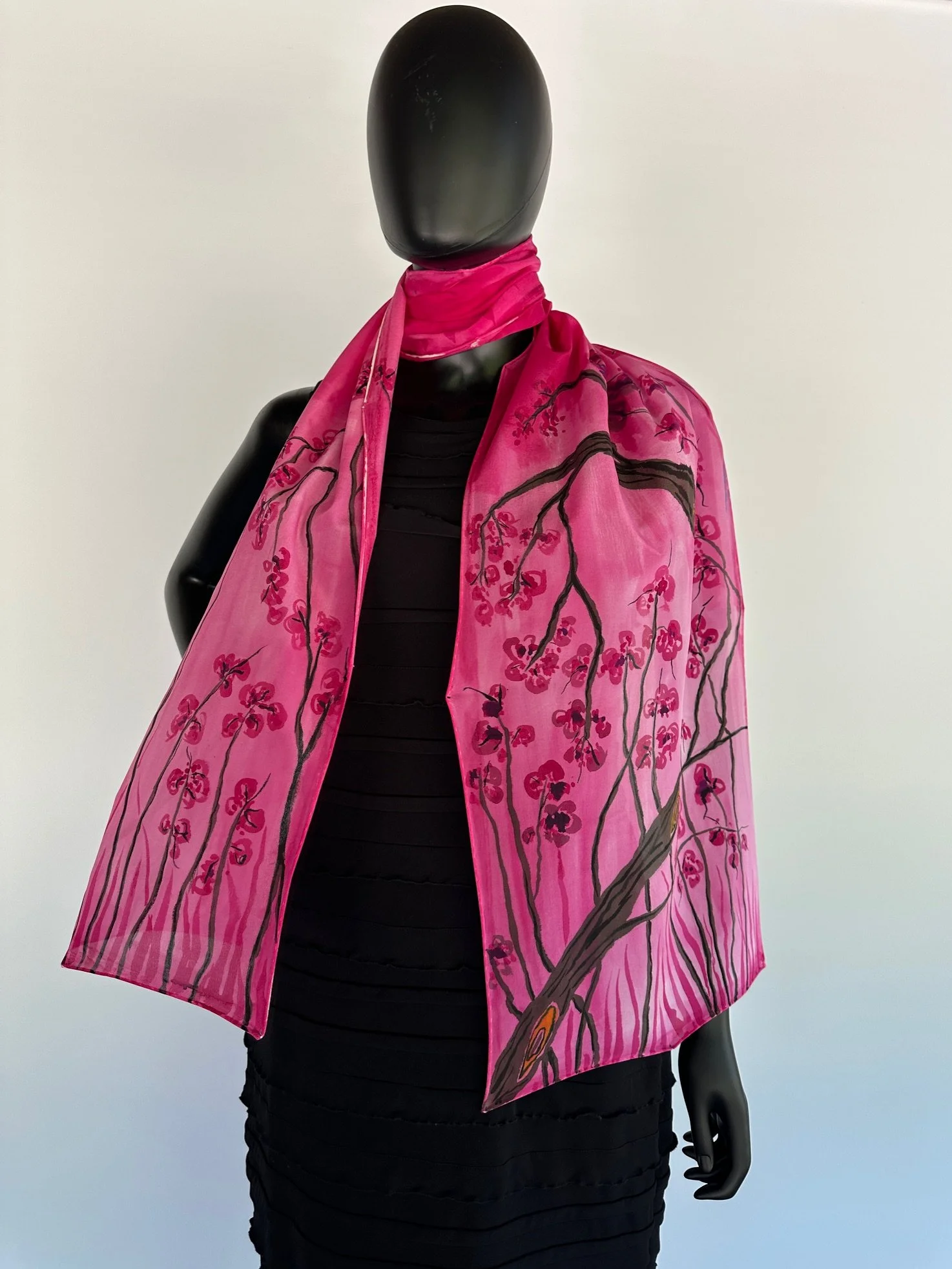 Hand painted silk scarf Size: 14” x 72” Care instruction: Hand wash cold, hang dry, press with warm iron. No bleach