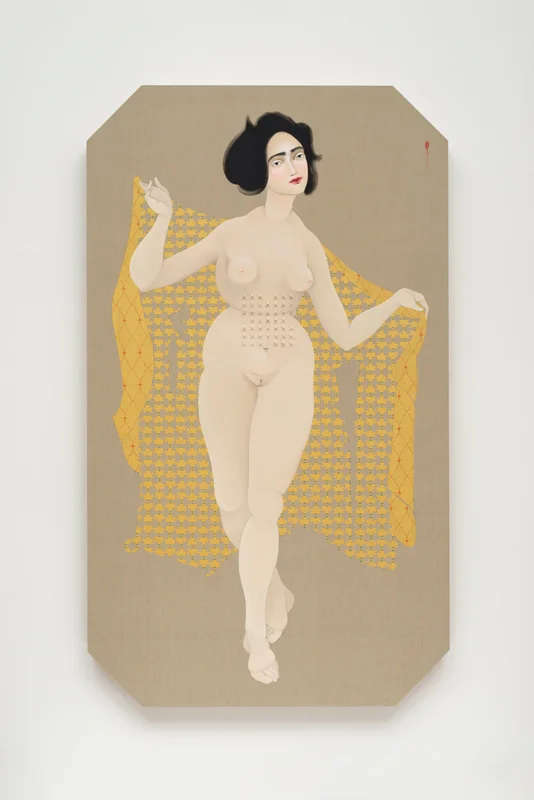 Hayv Kahraman, Concealed Weapon , 2016, oil on linen and acoustic foam